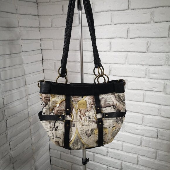 Michi "Retired" Gina Demi Shell Old World Map Lined Handbag w/ Woven Handles - Picture 1 of 12